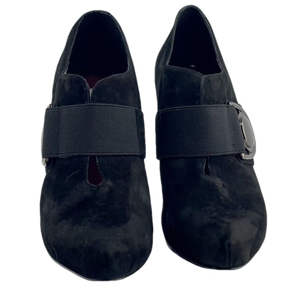 JESSICA SIMPSON Black Suede Heeled Booties With Large Buckle Accent & Elastic St